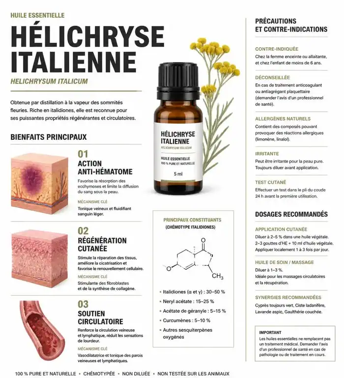Infographie des bienfaits et précautions d'utilisation de l'huile essentielle d'hélichryse italienne pour la santé et la peau