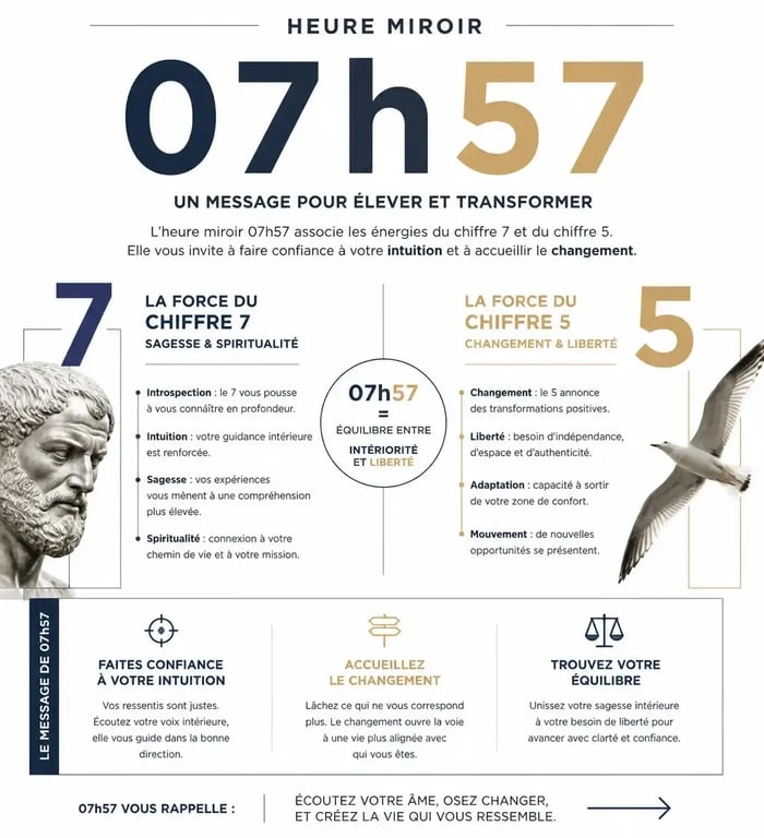 Infographie sur la signification spirituelle et numérologique de l'heure miroir 07h57