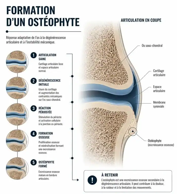 Schéma anatomique illustrant la formation d'un ostéophyte ou bec de perroquet sur une articulation