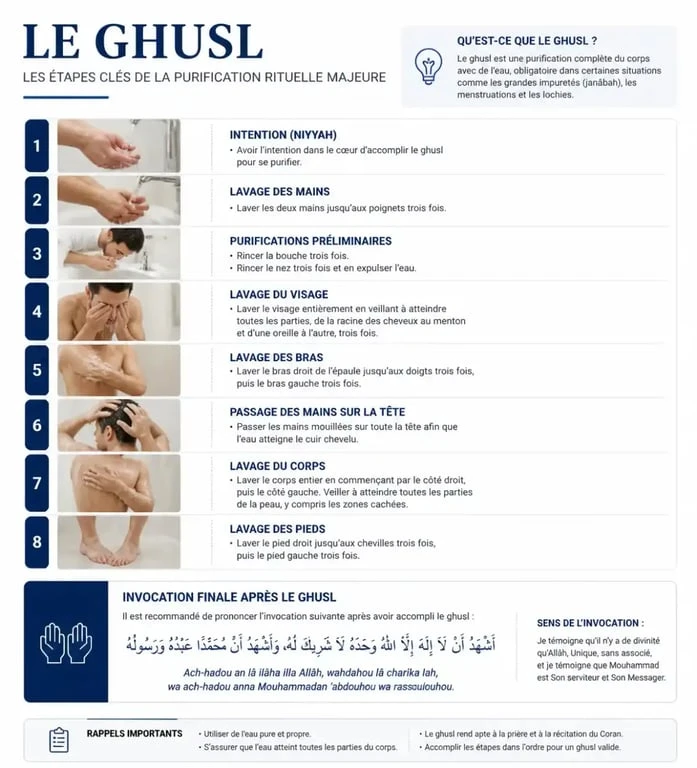 Infographie des étapes du ghusl et invocation après les grandes ablutions