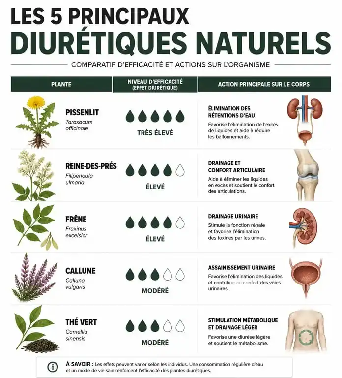 Infographie des bienfaits et propriétés du plus puissant diurétique naturel et des plantes drainantes