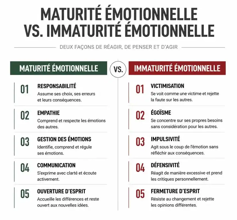 Infographie comparative entre maturité et immaturité émotionnelle pour mieux comprendre les signes d'un immature émotionnel.