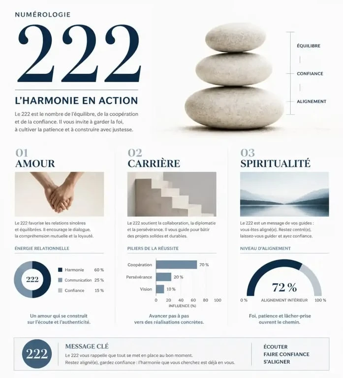 Infographie sur la signification spirituelle et la symbolique du chiffre 222 en numérologie