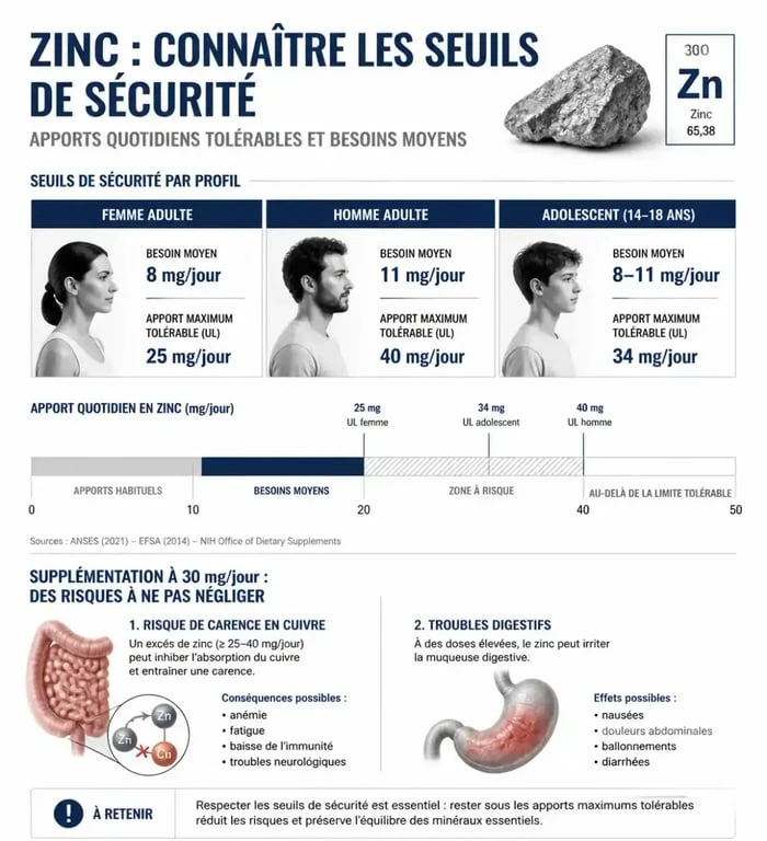 Infographie sur les seuils de sécurité et les risques d'une prise de 30 mg de zinc par jour