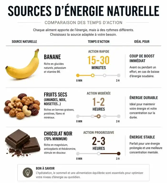 Infographie comparant les aliments qui donnent de l'énergie rapidement et leur efficacité