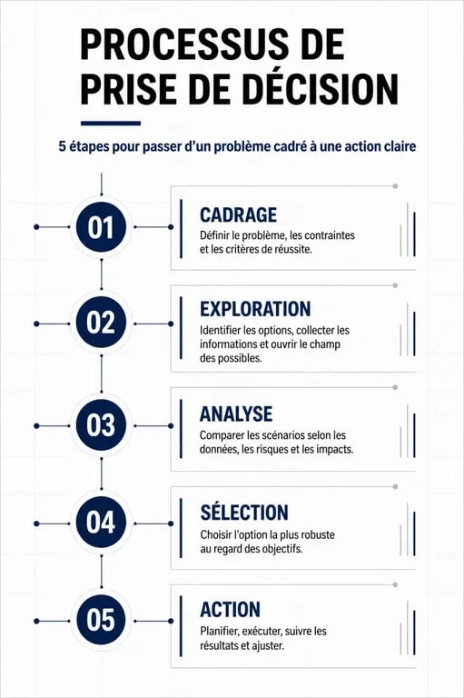 Infographie résumant les 5 étapes pour prendre la décision juste et efficace