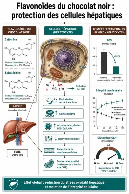 Infographie sur les bienfaits du chocolat noir sur le foie et le rôle des antioxydants