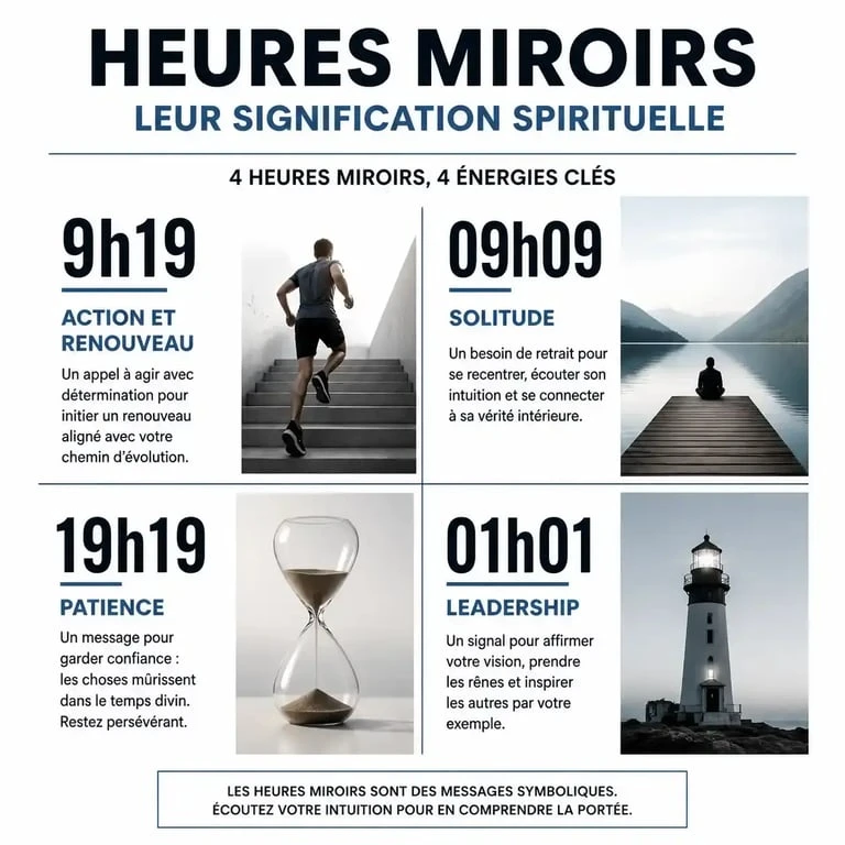 Infographie comparative des significations spirituelles des heures miroirs 9h19, 09h09, 19h19 et 01h01