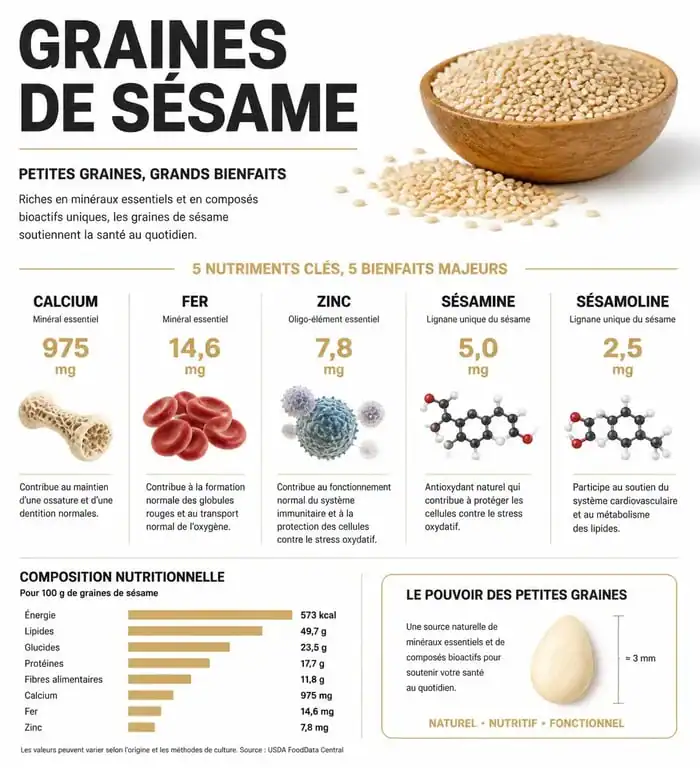 Infographie sur les bienfaits des graines de sésame pour la santé et leurs apports nutritionnels