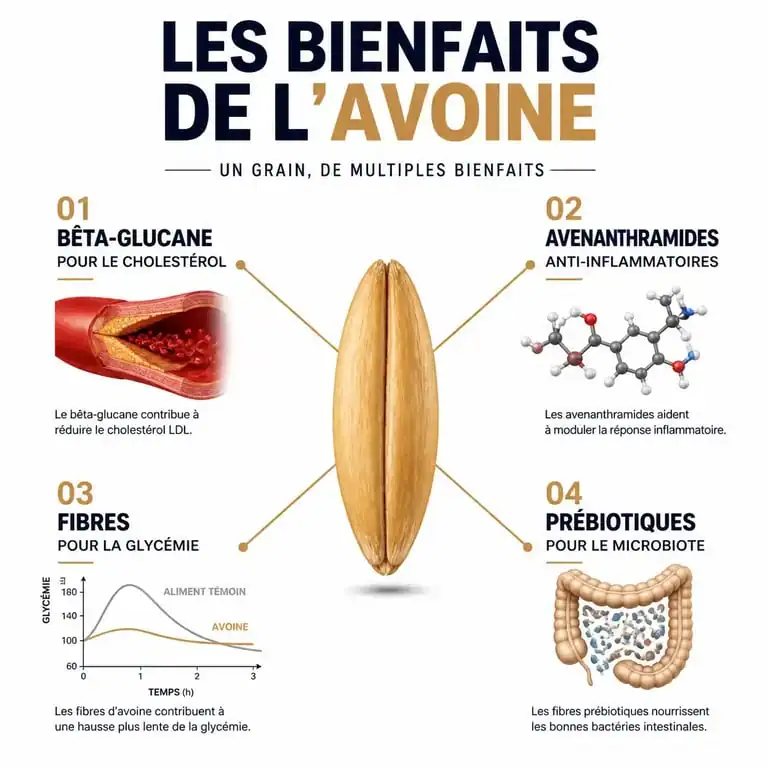 Infographie sur les bienfaits de l'avoine pour la santé et ses propriétés nutritionnelles