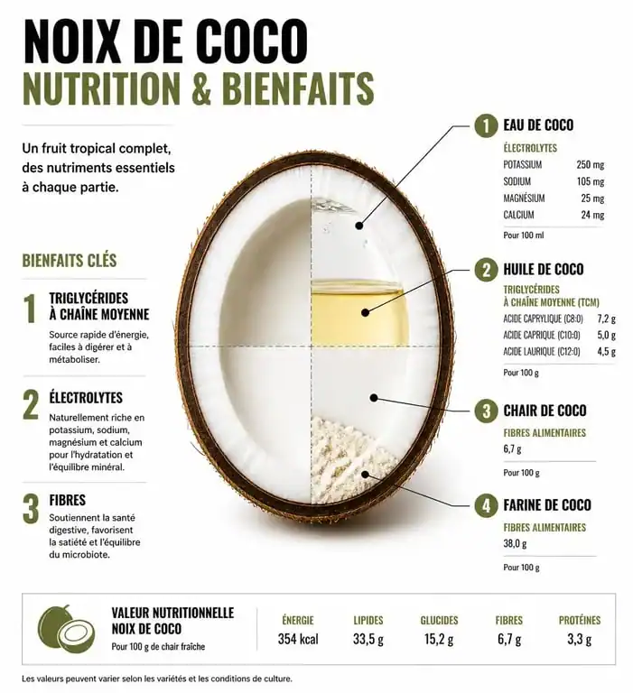 Infographie sur les bienfaits nutritionnels et les propriétés santé des différents composants de la noix de coco