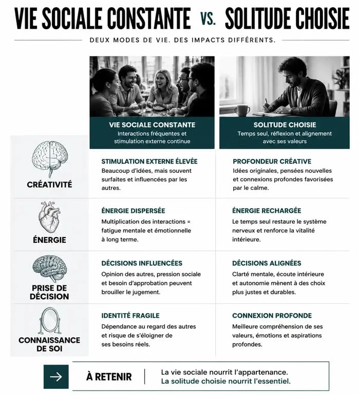 Infographie comparant les bénéfices de la solitude choisie par rapport à une vie sociale constante