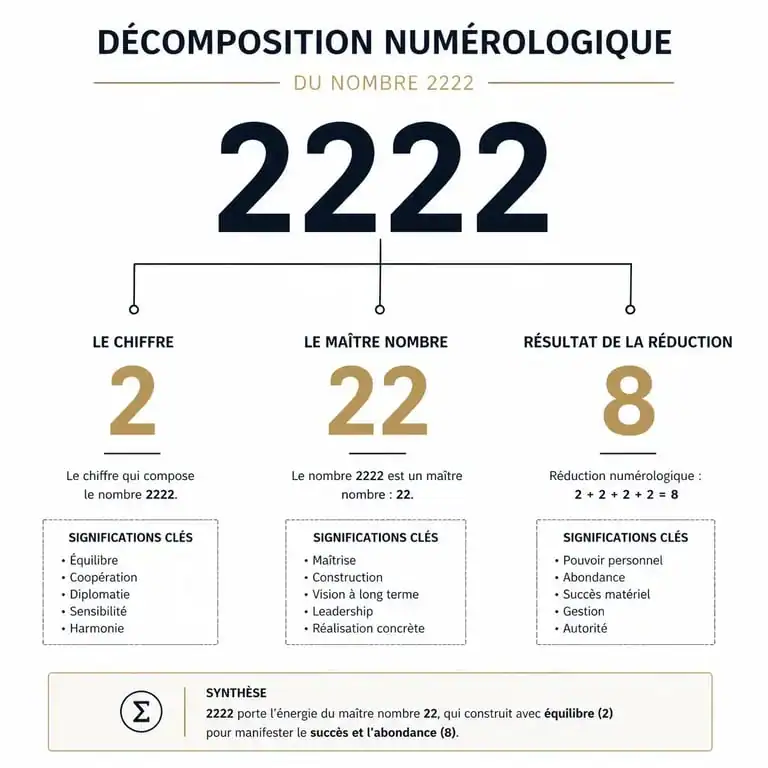 Infographie explicative de la signification numérologique du nombre 2222 et ses vibrations