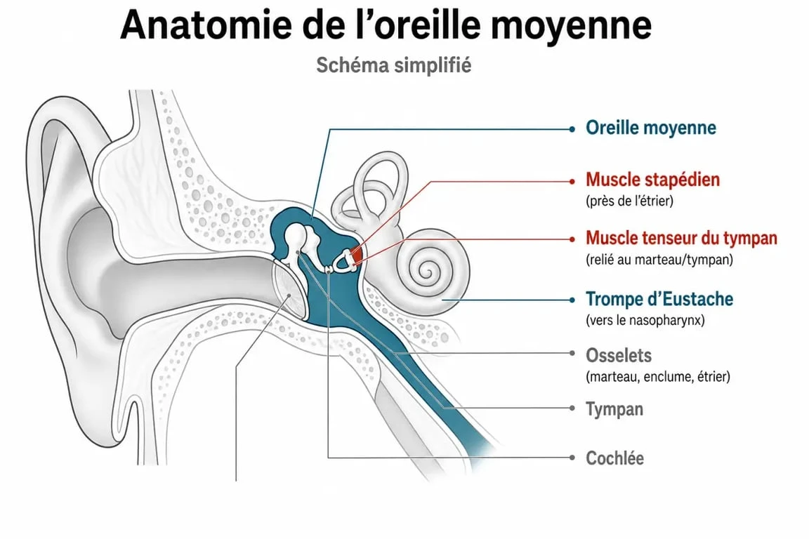 Schéma anatomique de l'oreille moyenne expliquant les causes d'un tympan qui vibre tout seul