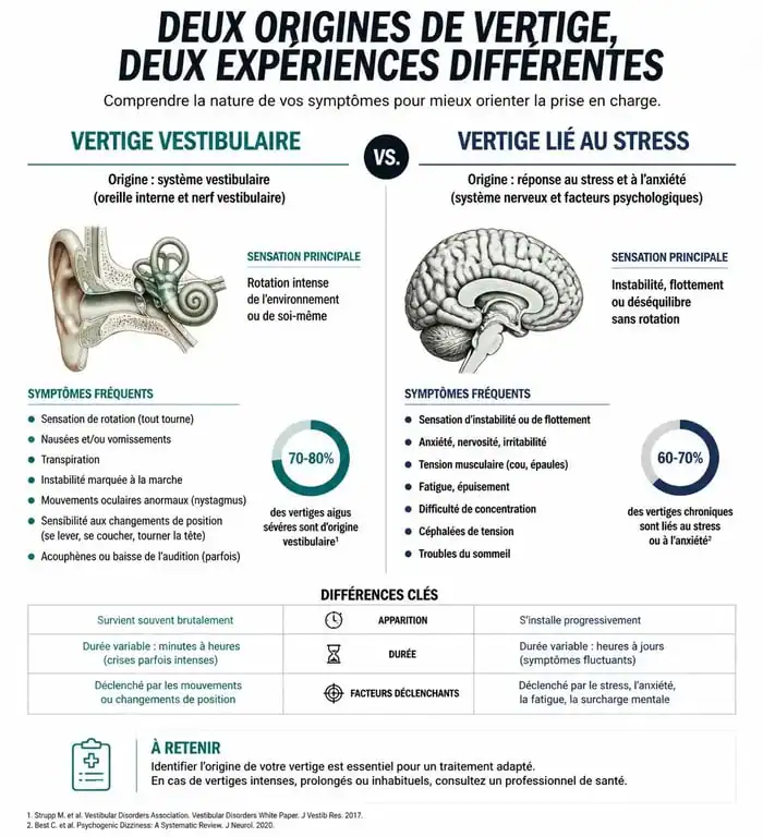 Comparaison visuelle entre vertige vestibulaire et vertige lié au stress pour comprendre les causes des étourdissements.