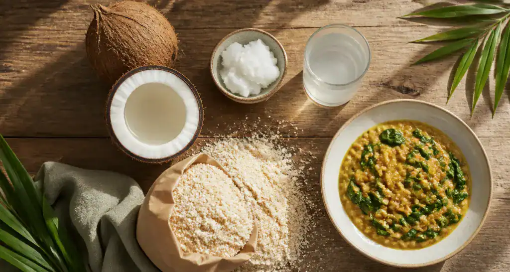 Les bienfaits de la noix coco sur une table en bois