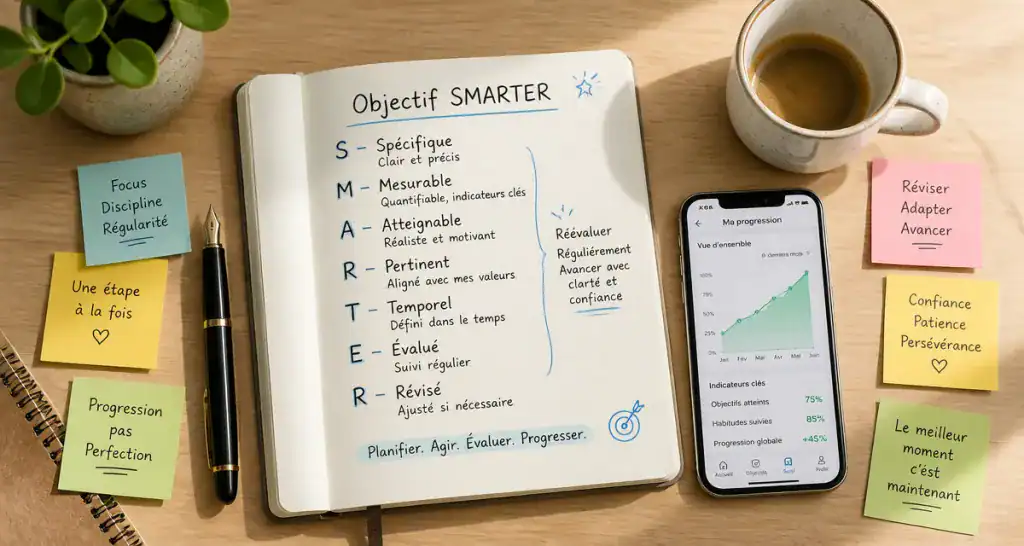 bureau avec carnet objectif smarter et outils de suivi