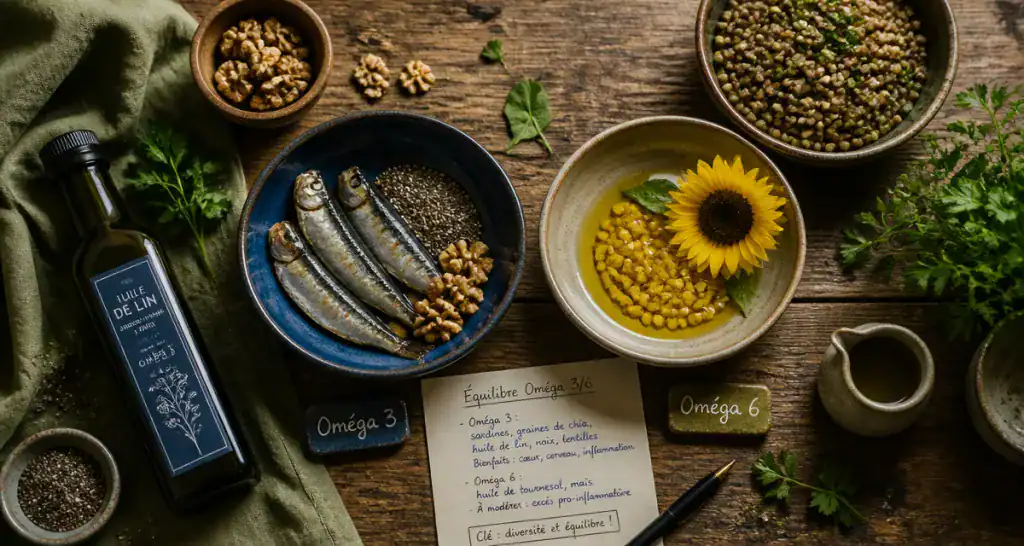 omega 3 et 6 aliments sur table