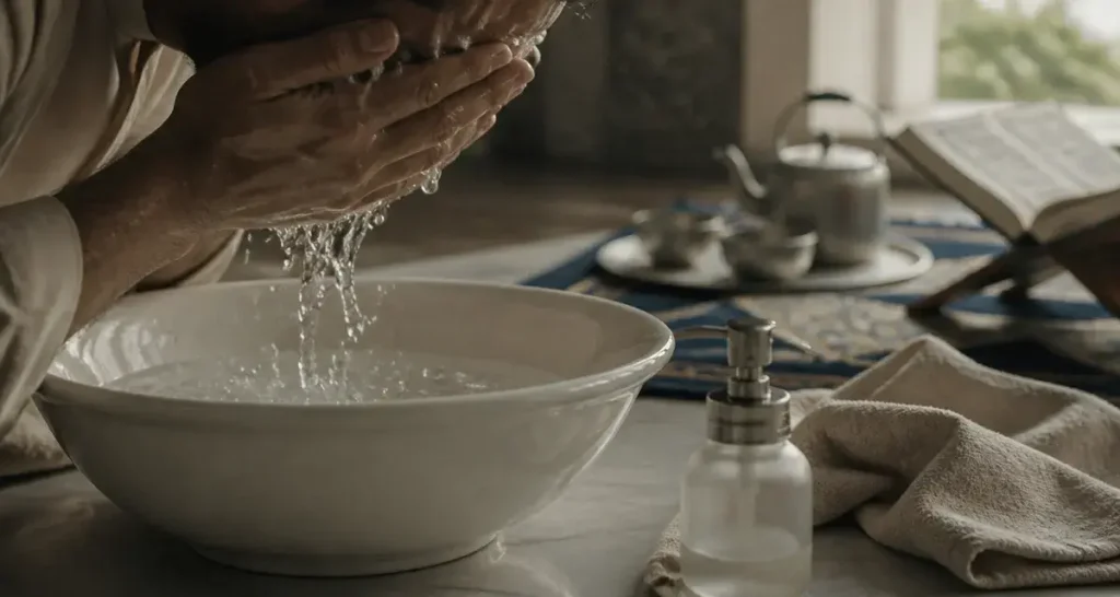 Petite ablution : mains lavant le visage au wudû’