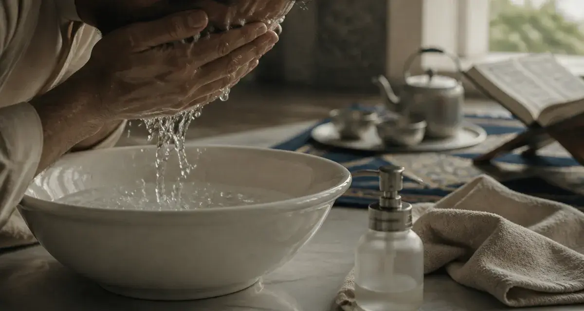 Petite ablution : mains lavant le visage au wudû’