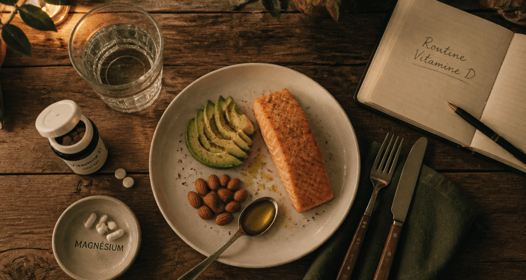pourquoi prendre la vitamine d le soir, assiette saumon, compléments, dîner