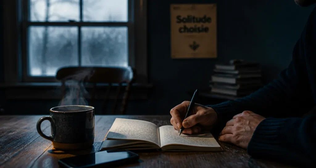 Préférer la solitude à une vie sociale : tasse, carnet, force intérieure, lumière d’hiver