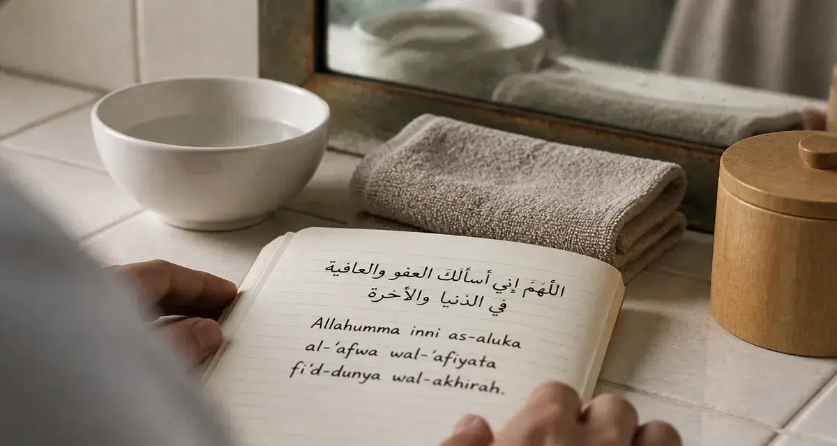 Que dire apres les grandes ablutions : invocation arabe sur carnet, eau et serviette