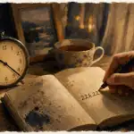22h22 : signification flamme jumelle, horloge 22:22 et carnet écrit