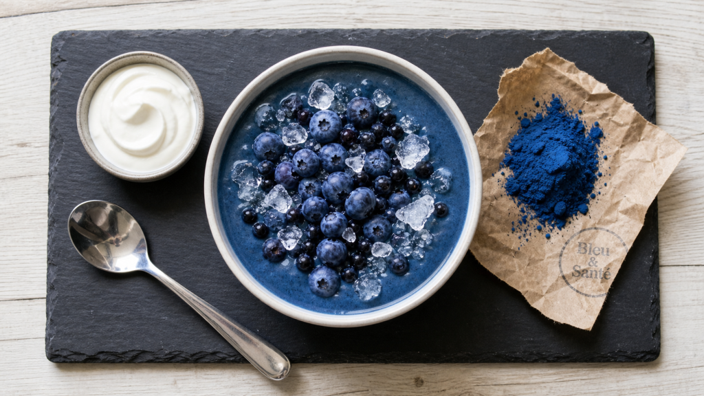 Aliments bleus : smoothie spiruline bleue, myrtilles et ardoise