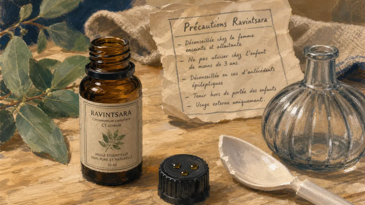 Bienfaits du ravintsara pour le confort respiratoire : flacon, gouttes, précautions saisonnières