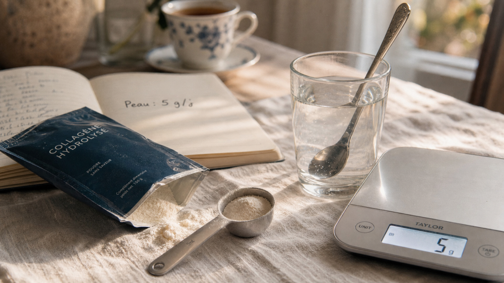 Combien de collagène par jour ? 5 g mesurés sur une balance, sachet et verre d’eau