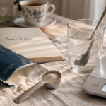 Combien de collagène par jour ? 5 g mesurés sur une balance, sachet et verre d’eau