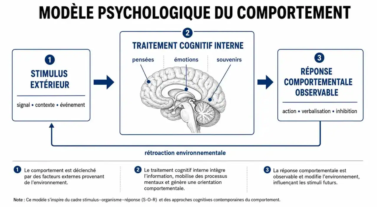 Schéma explicatif du comportement en psychologie montrant le lien entre stimulus, processus cognitif et action.