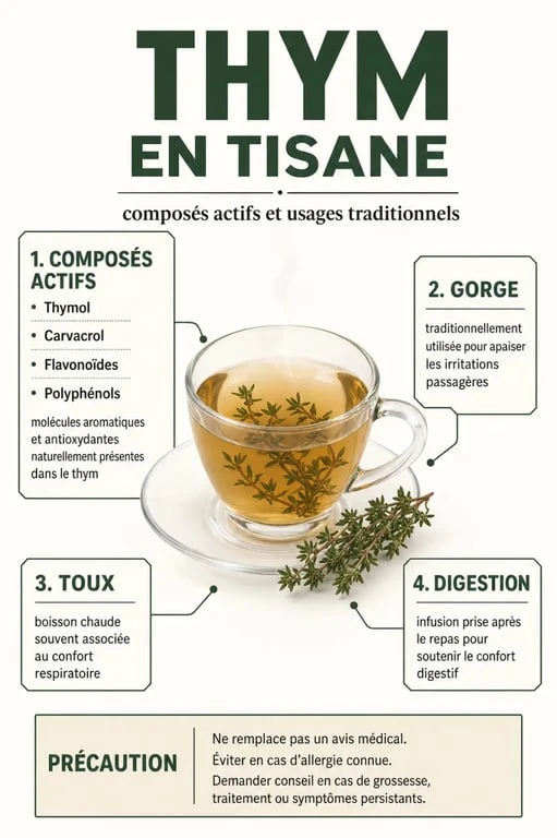Bienfait du thym en tisane : infographie des effets sur la toux, la gorge et la digestion