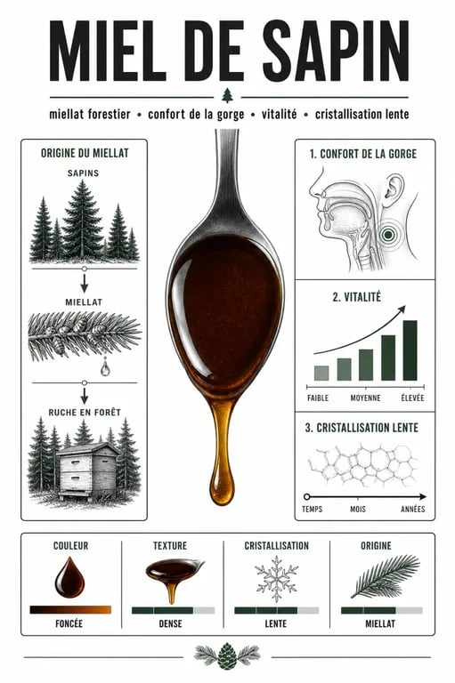 Miel de sapin bienfaits : composition, gorge, vitalité et cristallisation lente