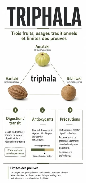 Infographie sur les triphala bienfaits, la composition en trois fruits, le confort digestif et les précautions d’usage