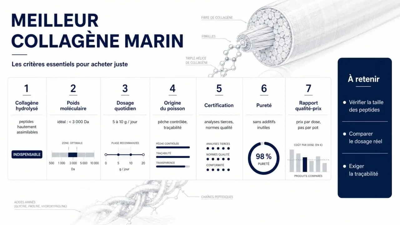 Infographie comparative sur le meilleur collagène marin avec critères de qualité, dosage et certification