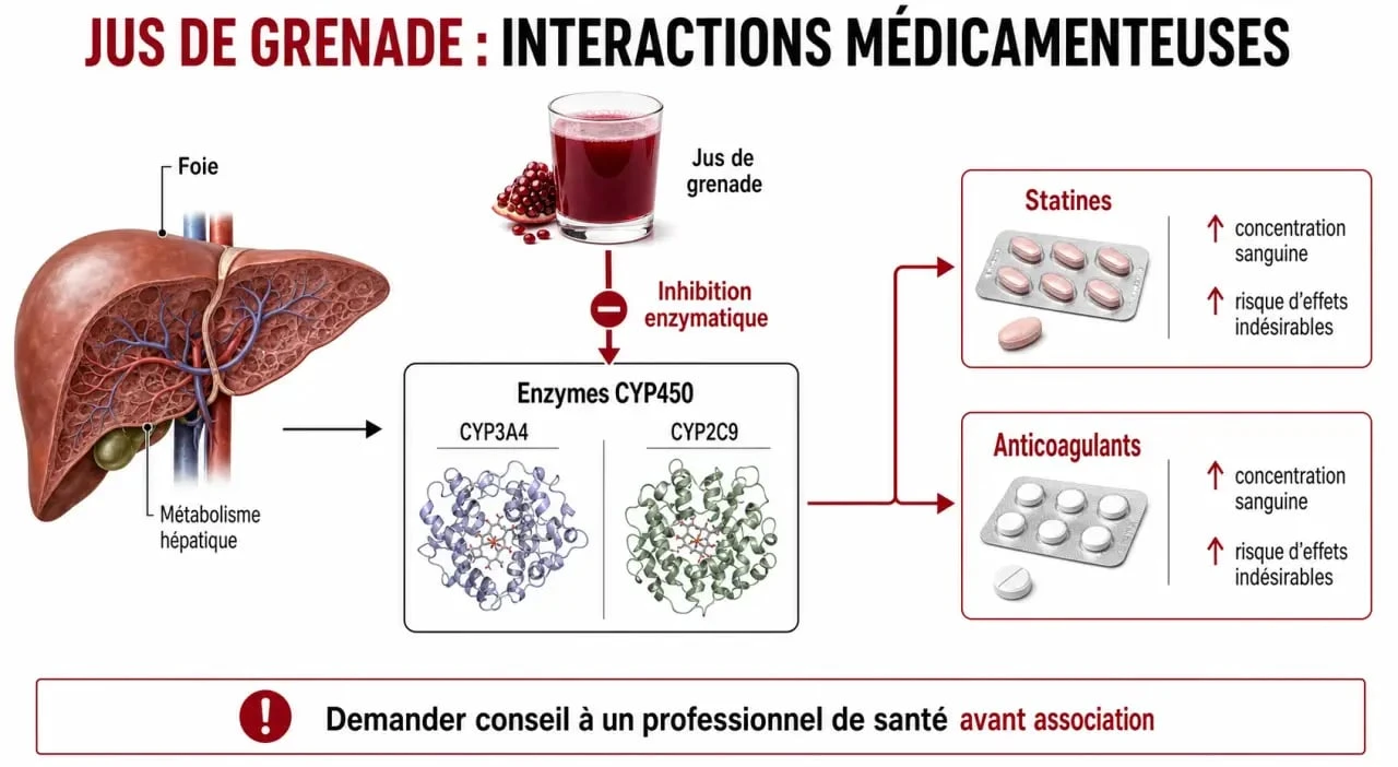 Infographie sur les dangers et interactions médicamenteuses du jus de grenade