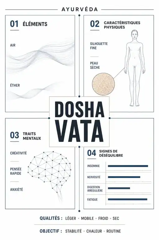 Infographie explicative des caractéristiques et signes du dosha Vata en Ayurvéda