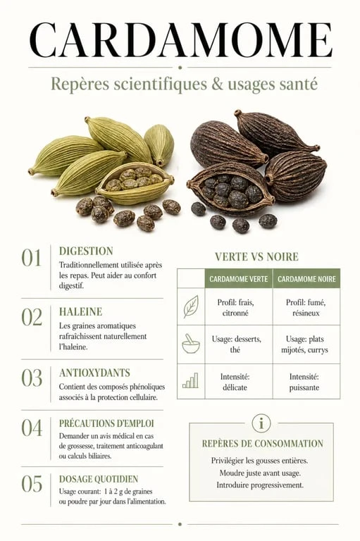 Cardamome bienfait : infographie éditoriale sur la digestion, l’haleine, les antioxydants et les précautions d’emploi