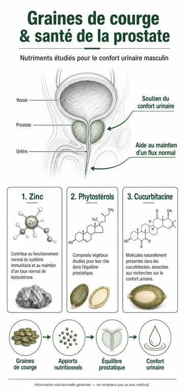 Infographie sur les bienfaits des graines de courge pour la santé de la prostate et le confort urinaire masculin