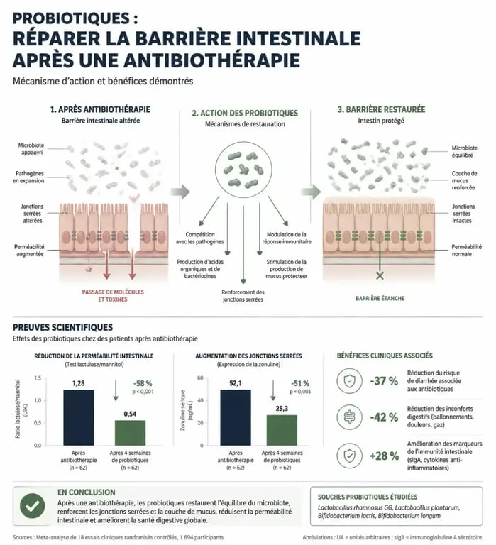 Schéma illustrant le rôle des probiotiques pour restaurer la flore intestinale après une cure d'antibiotiques
