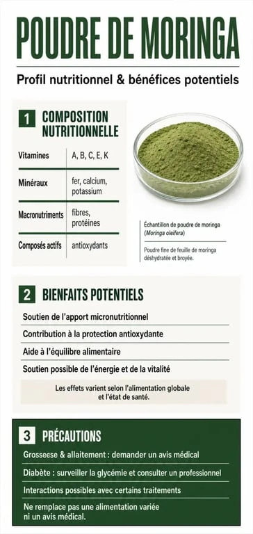 Infographie sur la poudre de moringa bienfait, composition nutritionnelle et précautions