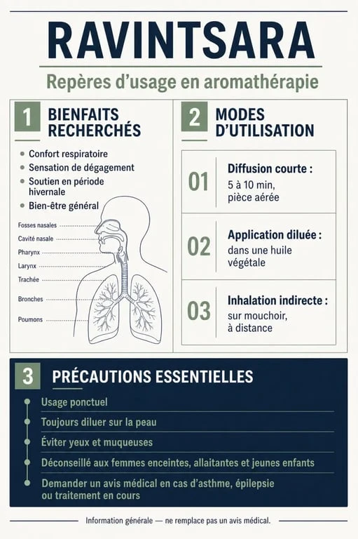 Bienfaits du ravintsara : infographie éditoriale sur les usages et précautions