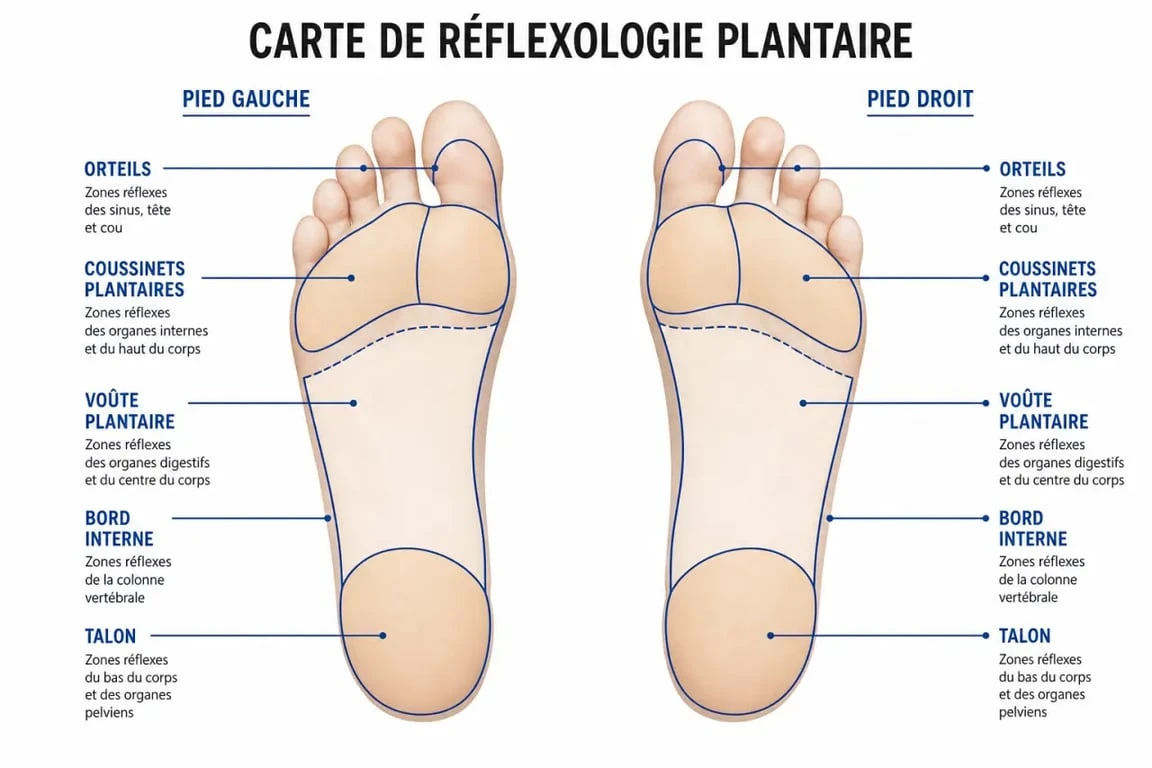 reflexologie carte du pied : schéma clair des zones réflexes du pied gauche et du pied droit