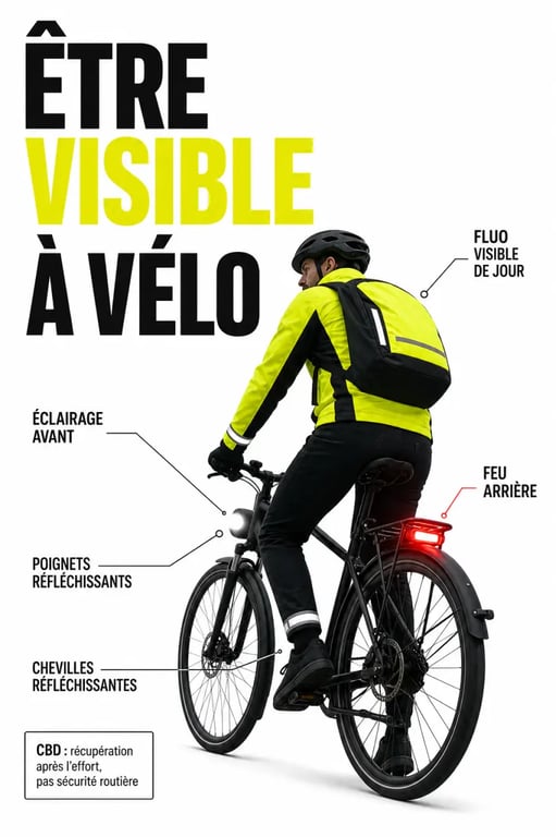 Optimiser sa sécurité à vélo grâce au CBD et aux accessoires : visuel des zones de visibilité du cycliste et des équipements essentiels
