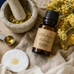 Hélichryse bienfaits : huile essentielle italienne sur fond bois