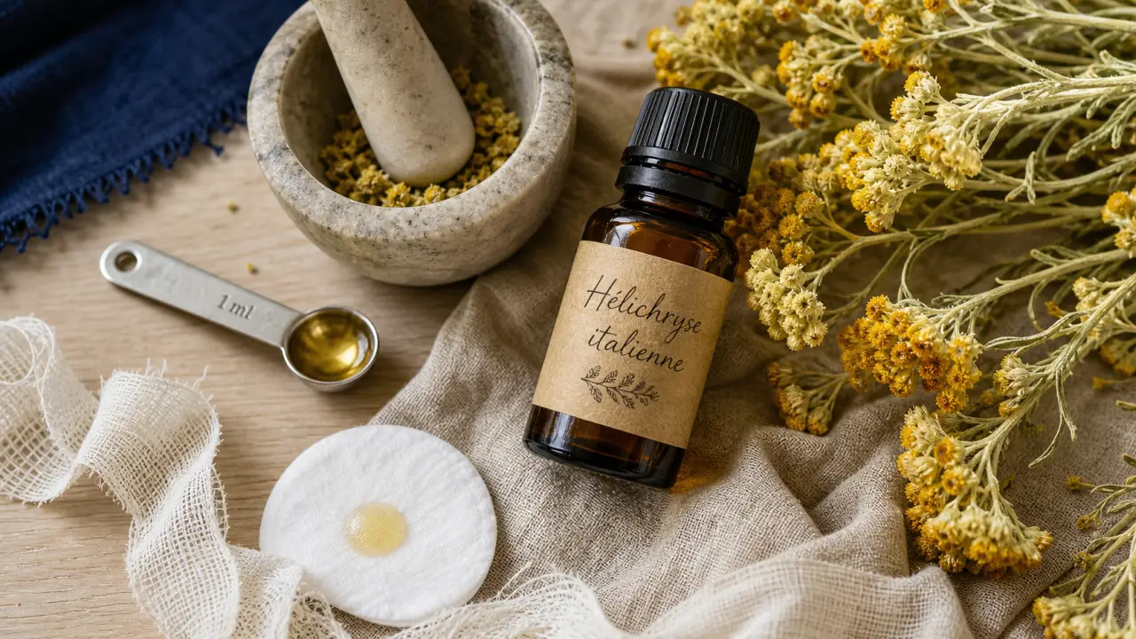 Hélichryse bienfaits : huile essentielle italienne sur fond bois