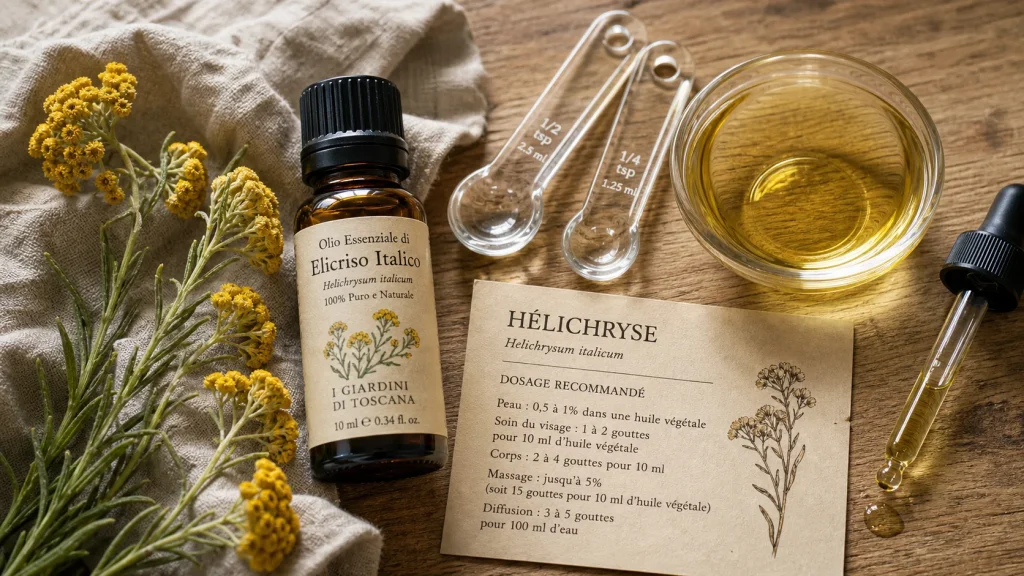 Huile essentielle immortelle utilisation pour dosages, massages et peau (hélichryse)