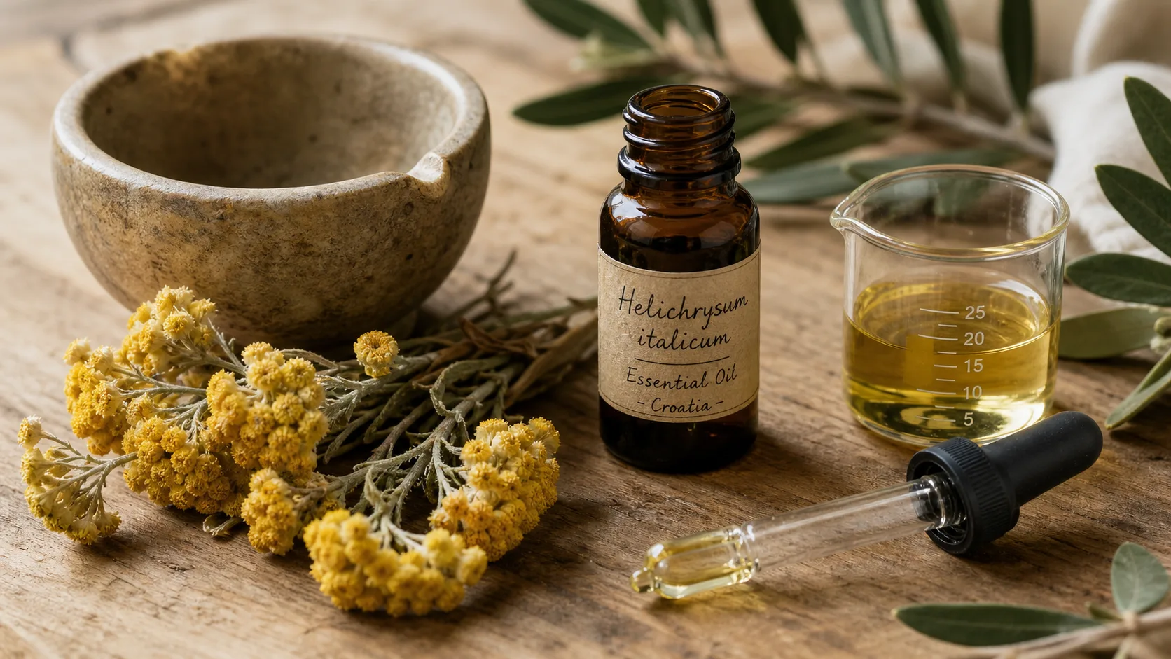 Huile essentielle immortelle utilisation : flacon, pipette et fleurs d’Helichrysum sur table en bois